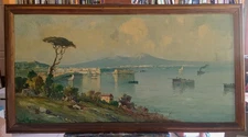 VESUVIUS🩵Volcano ART Original OIL PAINTING Naples Bay Pompeii ITALY 1950 Framed