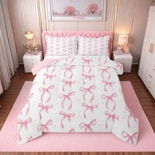 Cute Pink Bow Twin Bedding Set for Girls,Ribbon Bow Knot Comforter Set for Ka...