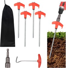 Screw In Tent Stakes 8" Heavy Duty Ground Anchors 4 Pack w/ Hex Driver  Puller