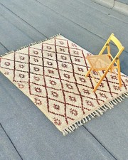 Vintage Moroccan Berber Rug XL Cream & Burgandy Kilim Mid Century