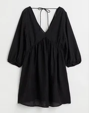 H&M Women’s Black V-Neck Dress 3/4 sleeves Tie Back Size S