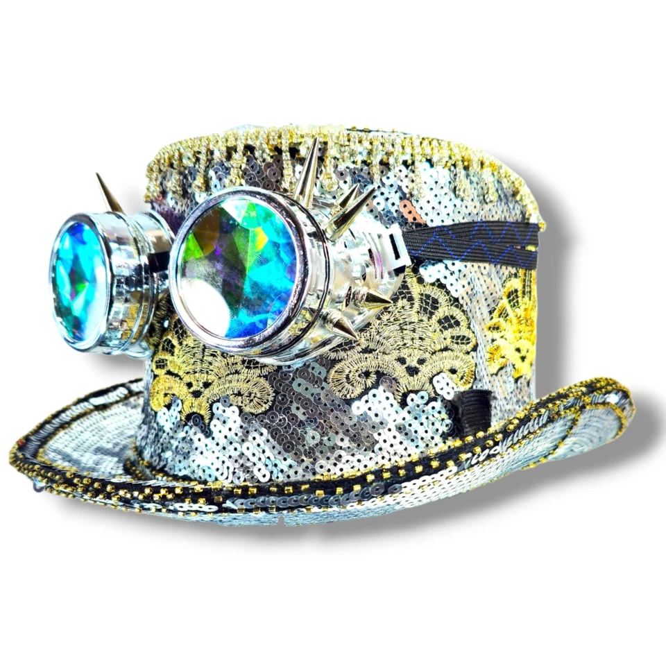 Серебряный блестки стимпанк вечеринки рейв шляпа с калейдоскоп шипами очки - Изображение 2 из 4