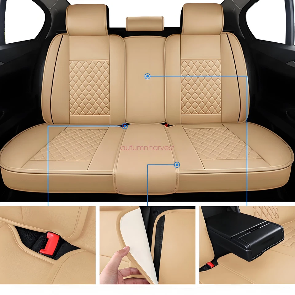 For Lincoln Car 5-Seat Covers Full Set Faux Waterproof Cushion Protector Tan - Image 3 of 4
