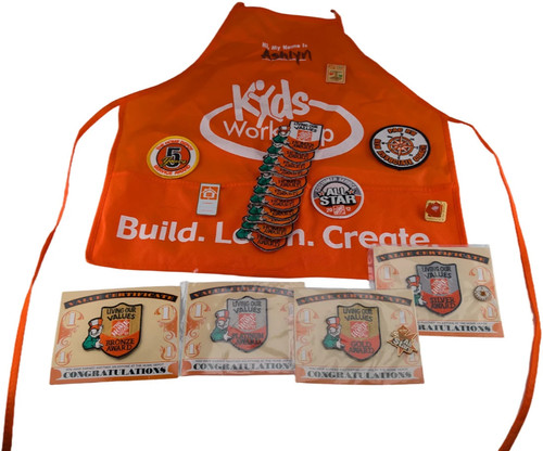 Home Depot Kids Workshop Apron w/ Homer Awards, Living Our Values Patches, Pins