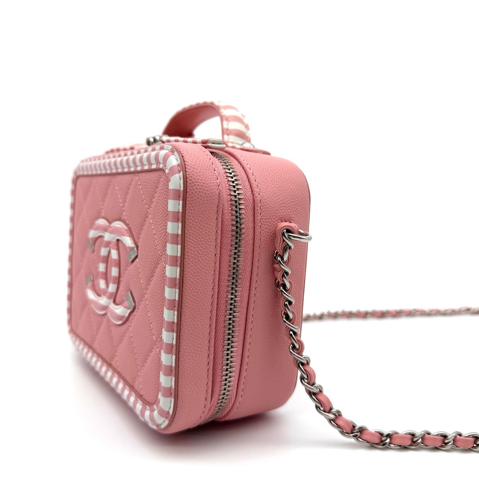 Chanel Small CC Filigree Vanity Case Bag in Striped White / Pink Caviar Leather image 8