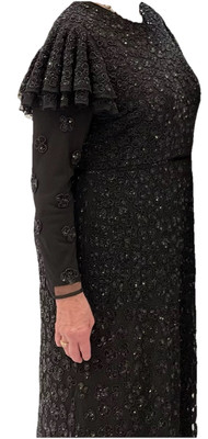 Mac Duggal Black Floral Sequin Heavy Beaded Column Gown Long Sleeve S 18 Modest