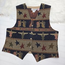 Vintage On The Verge Tapestry Vest Angels Stars Print Christmas Women's Lg USA