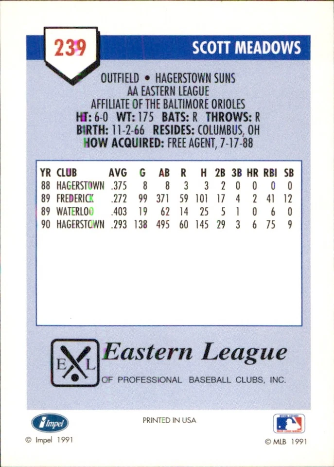 Scott Meadows 1991 Line Drive AA #239 RC Hagerstown Suns AutographDen - Image 2 of 2