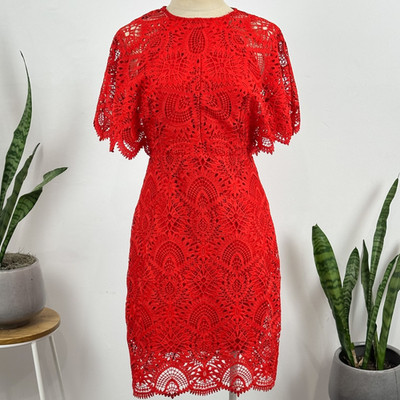 WAYNE COOPER - RED LACE COCKTAIL DRESS   CAPE SLEEVE   AU 10