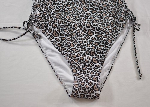 women's sexy leopard skin one piece swimsuit size medium ruffle neck hi cut pads - Picture 7 of 9