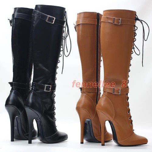 Mujeres 14Cm Tacón Alto Punta Punta Con Cordones Hasta la Rodilla Botas De Colección Zapatos Clubes - Imagen 10 de 26