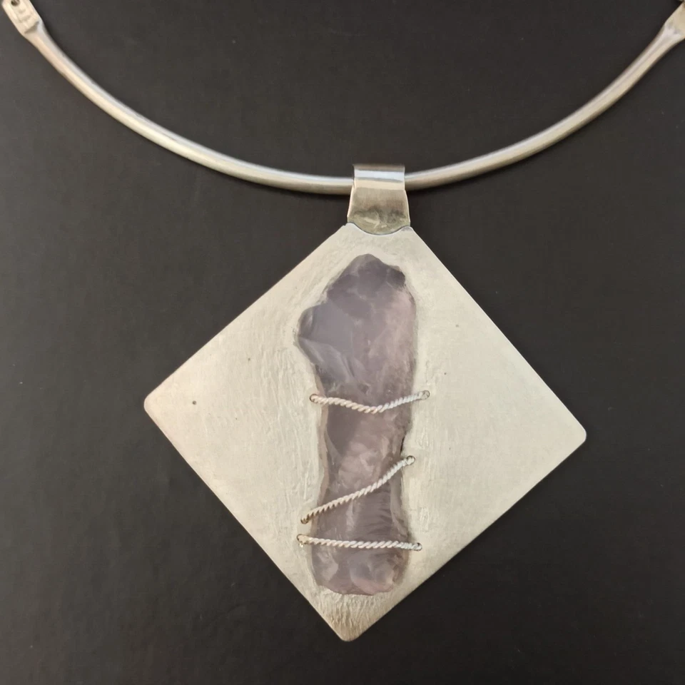 OOAK Sterling Silver Necklace Modernist Brushed Pink Quartz Bold Sculptural Gift - Image 4 of 4