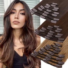 US SALE Clip in 100 Real Remy Human Hair Extensions Full Head Brown 8 Pieces 8A