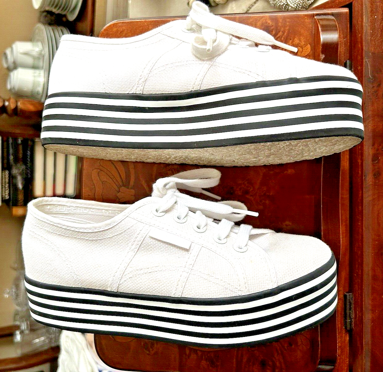 SAOLA TENNY DONNA 'SUPERGA' TELA BIANCA SUOLA A RIGHE NAVY TG 37 5 5 1 2 Med.