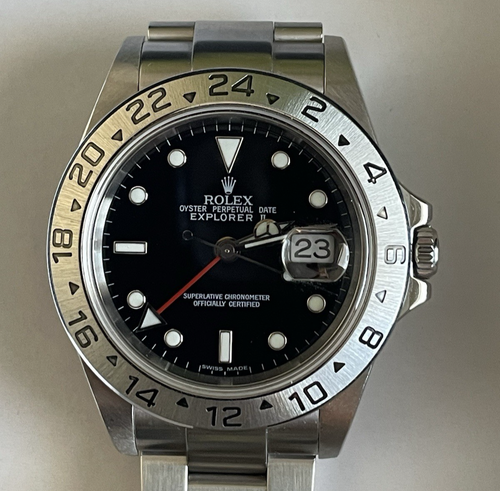 2003 ROLEX EXPLORER II 16570T NO HOLES BLACK STAINLESS STEEL GMT OYSTER WATCH