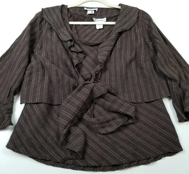 Blusa sin mangas Dressbarn Top para mujer 1X Plus marrón dorado rayas cuello en V mangas 3/4 Foto 2 de 4