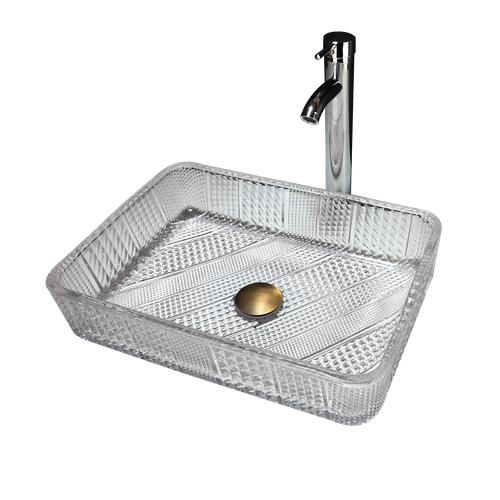 Tempered Glass Bathroom Sink Clear Rectangle Basin Deck Mounted Pop Up Drain Tap - Picture 9 of 15