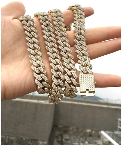 12mm Gold Plated Iced CZ Out Stainless Steel Miami Cuban Link Bracelet or Chain - Picture 4 of 13