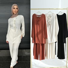 Women Muslim Blouse Tops Long Pants Set Abaya Islamic Outftis Ramadan Robe Arab