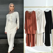 Islamic Women Long Sleeve Blouse Top Pants Sets Modest Kaftan Casual Outfits New