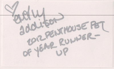 Autographed 3x5 card Emily Addison Penthouse Pet Runner up 2012 Adult Film Star