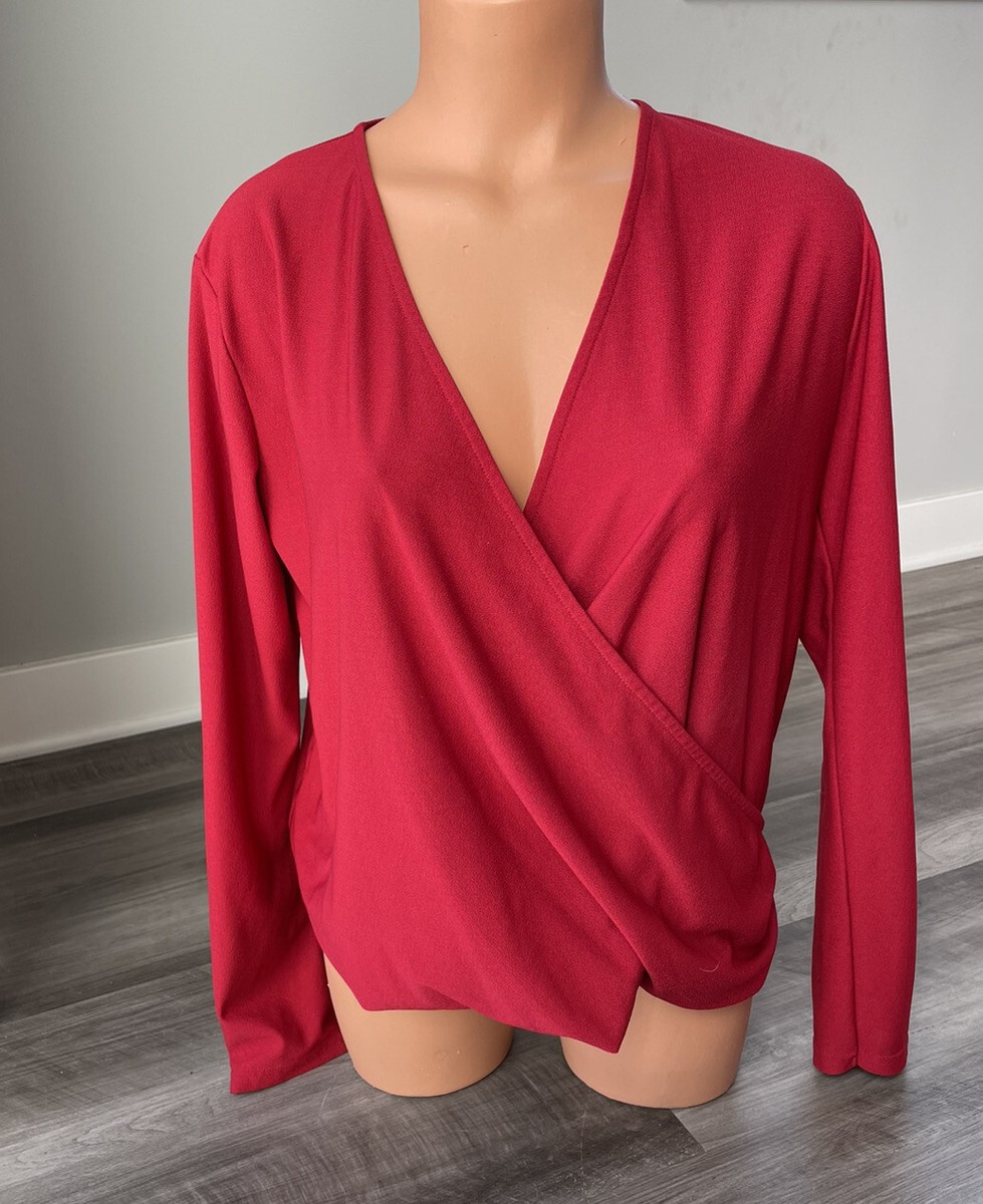 ASOS Red Faux Wrap Blouse Size Long Sleeve Top V-Neck