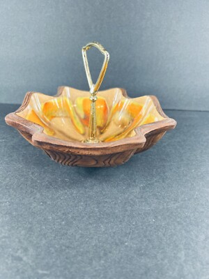 Sequoia Ware Nut Dish w Handle #710 Fall Drip Glaze MCM Orange See Pics