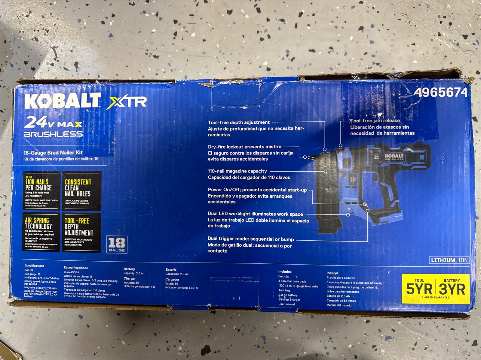OPEN BOX Kobalt 24v XTR Cordless 18g 18ga Brad Nailer + 2ah Battery