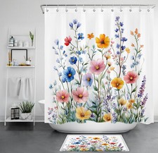 Spring Green Leaf Pink and Blue Wildflower Shower Curtain Set for Bathroom Decor