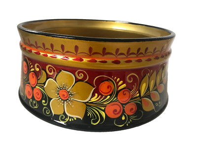 Khokhloma Folk Art Wooden Serving Bowl Floral Pattern 7'' Diameter 4 1/4'' H