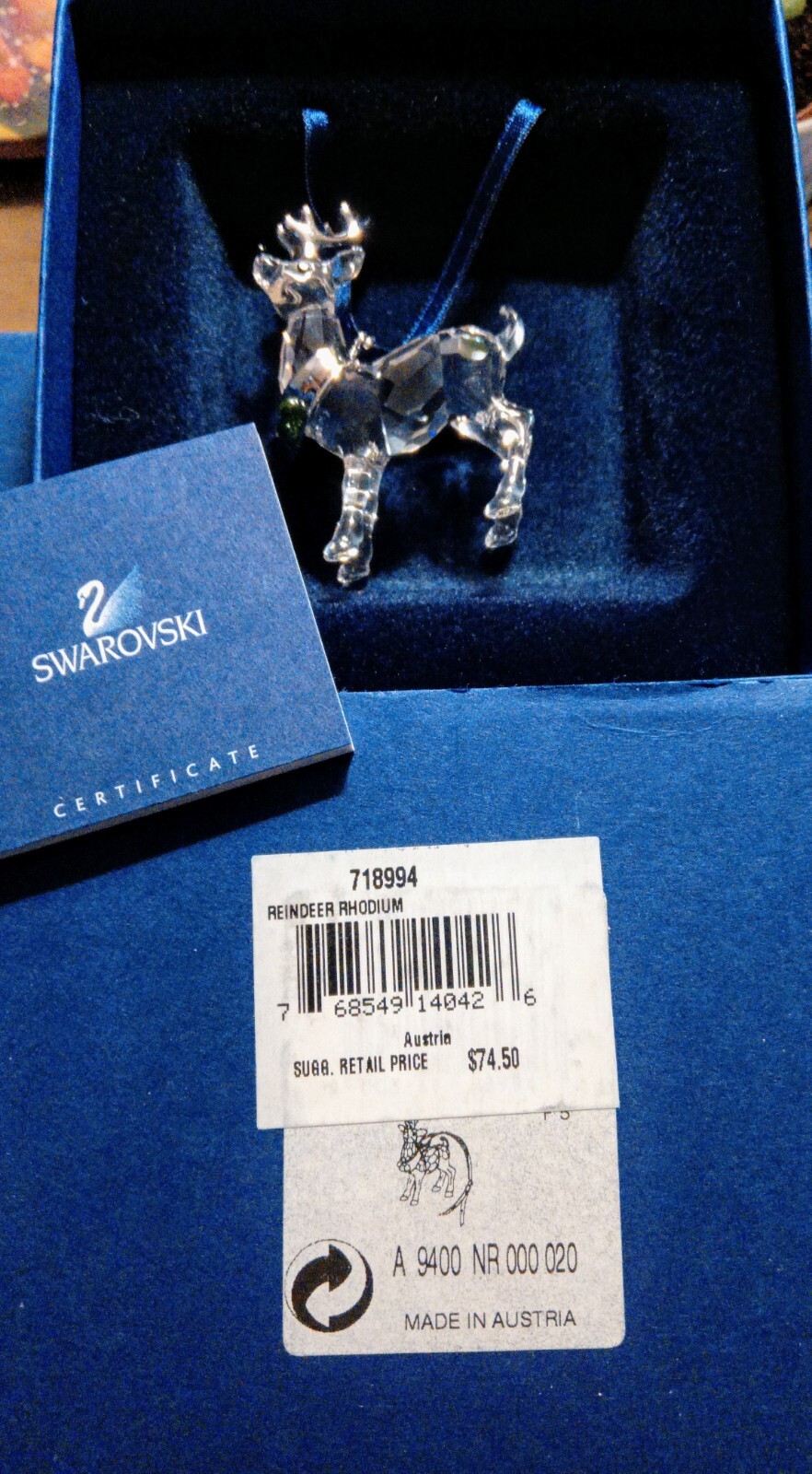 2005 Swarovski Ornament Reindeer Rhodium 718994 Crystal Seasons MIB COA
