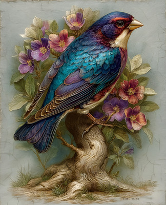 8x10 Cozy Storybook Bird Sitting on Branch Art Print Cottagecore - 442391124
