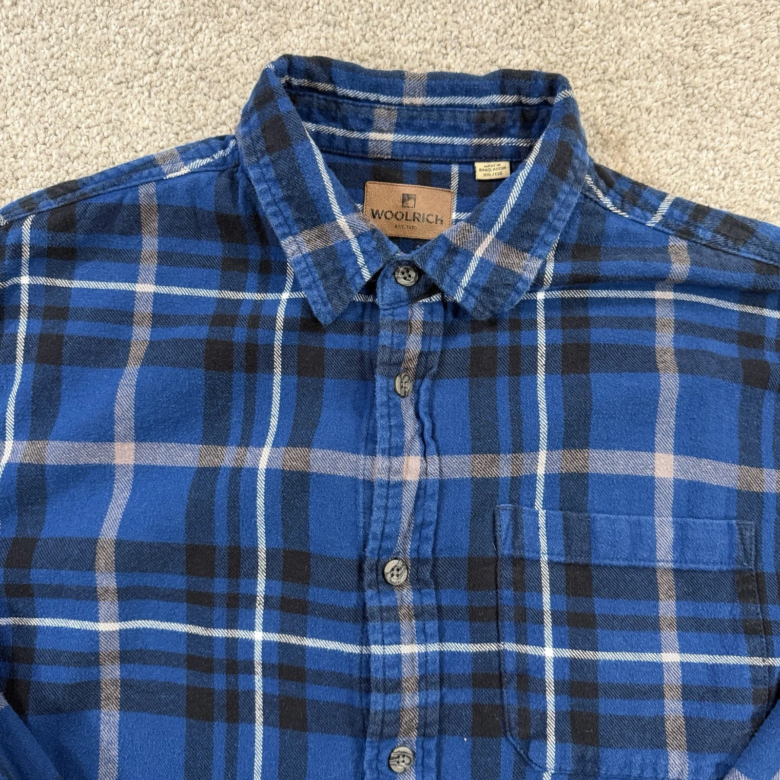 Woolrich Button Front Flannel Shirt XXL Blue Black Plaid Outdoor Workwear