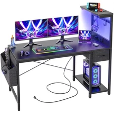 Gaming Desk 47 inch with Power Outlet and LED Light, Computer Desk with Rever...