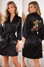 Vintage Satin Black Embroidered Asian Dragon Robe Kimono One Size OSFM L XL
