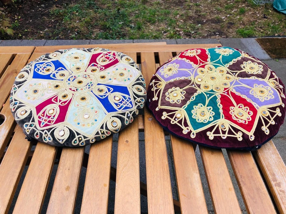 Pair of Moroccan Mirrored Hand Embellished Velvet Pillows Circle - Image 2 of 4