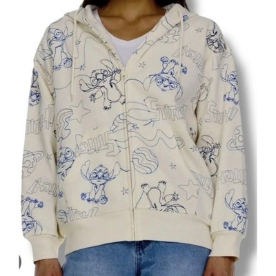 Disney Stitch Hoodie Womens XS Cream All Over Print Zip Up Lilo & Stitch Space