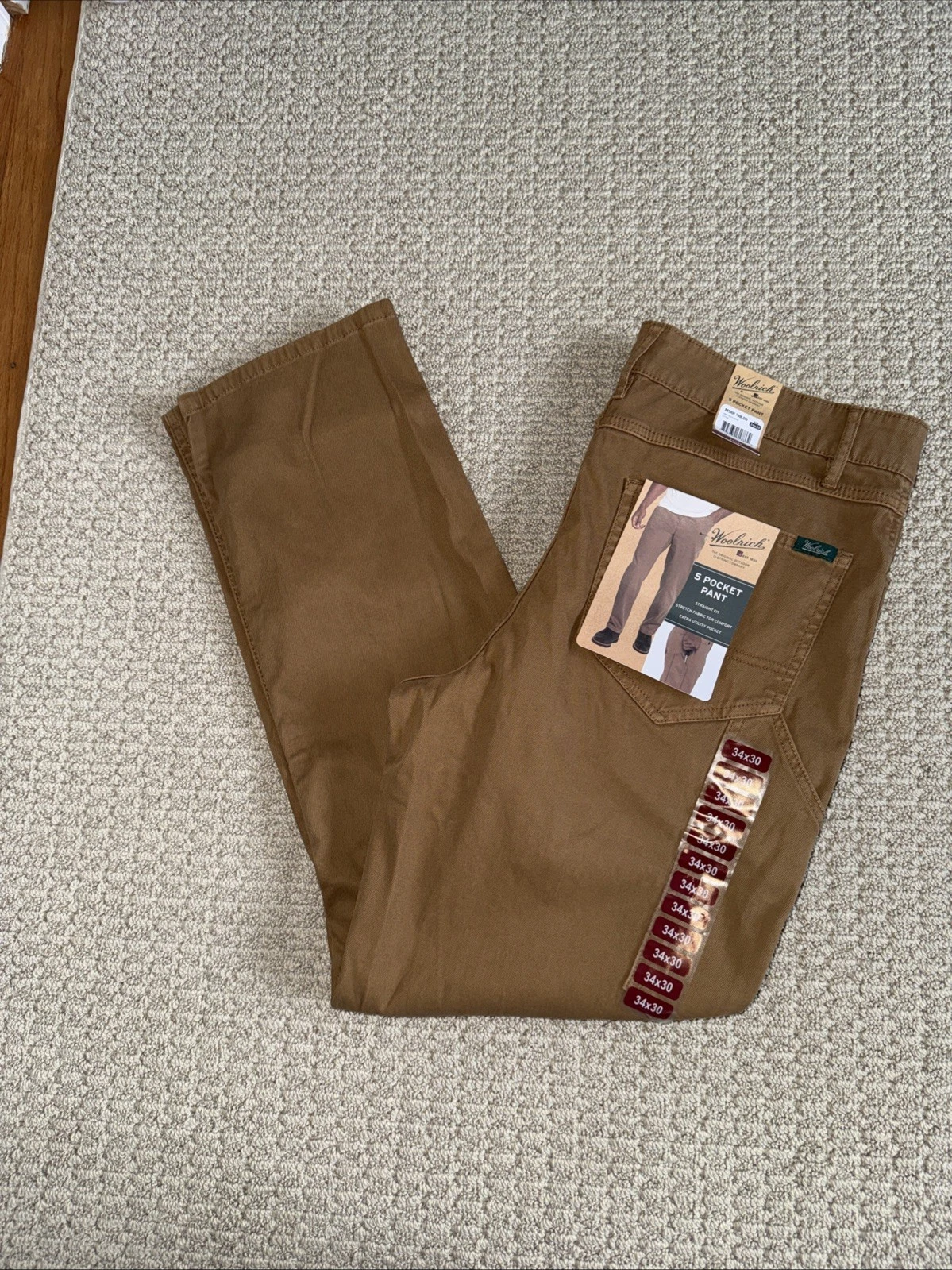Woolrich 34X30 5 Pocket Utility Pants Straight Fit Stretch Fabric Mens Otter New
