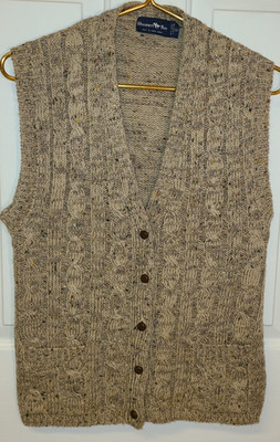 Vtg Hunters Run 97% Wool Sweater Vest Mens Sm Tan Cable Knit Button Up