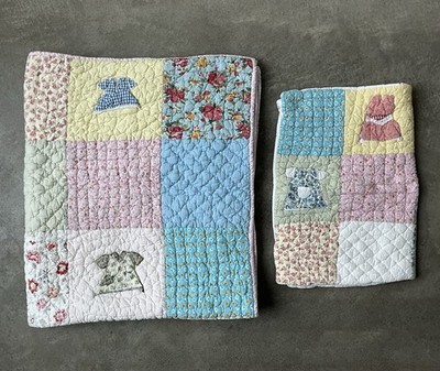 Land Of Nod Crib Toddler Bed Patchwork Quilted Doll Dresses Quilt + Pillowcase