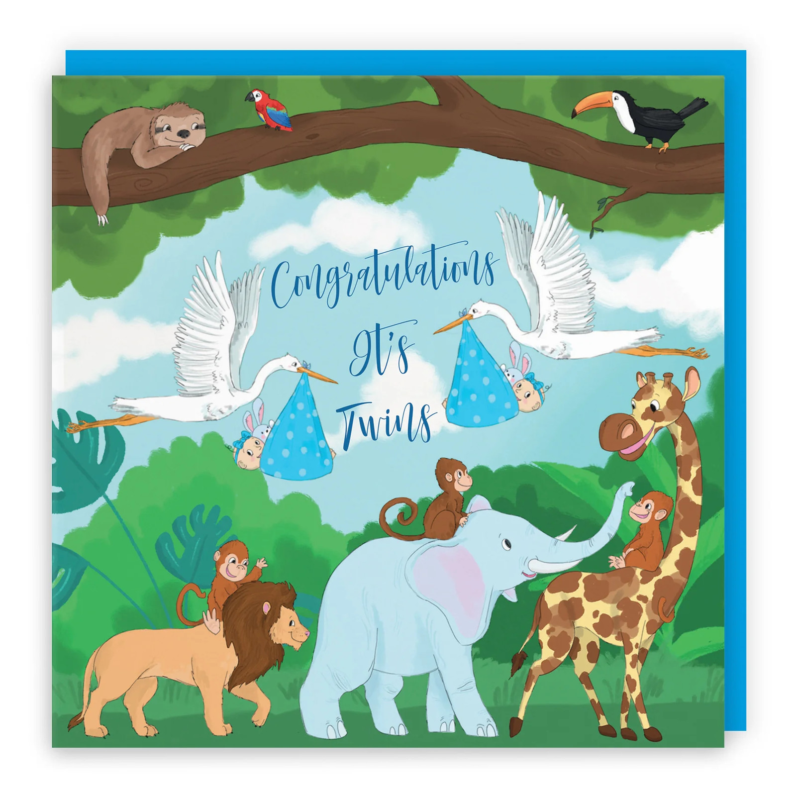 New Baby Boy Twins Congratulations Card Stork Jungle