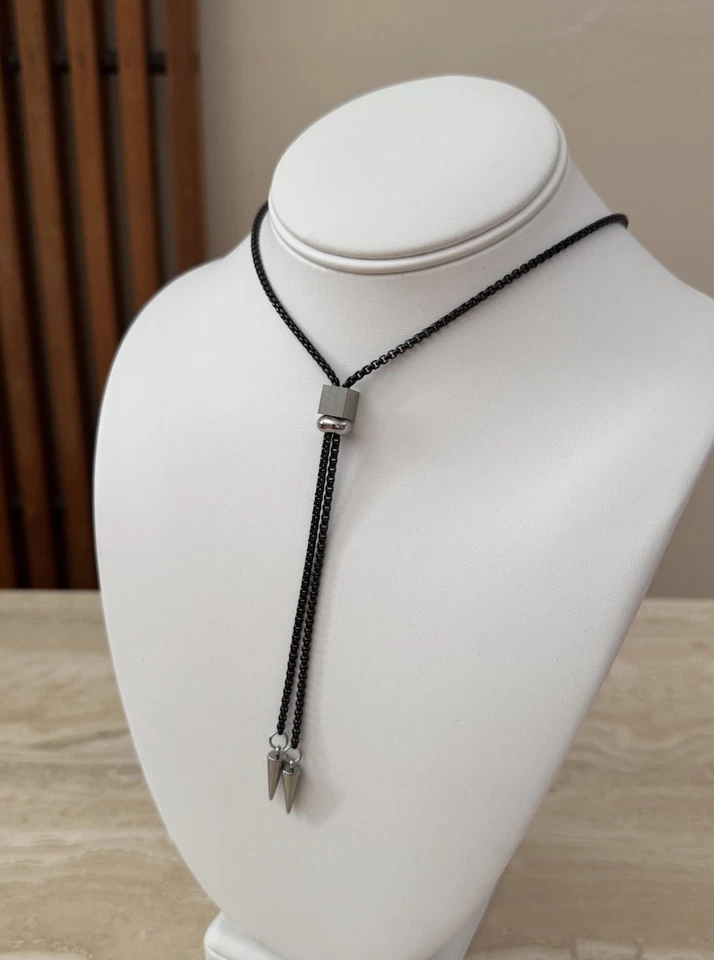 Black And Silver Spike Chain Bolo Tie Necklace - Image 3 of 4