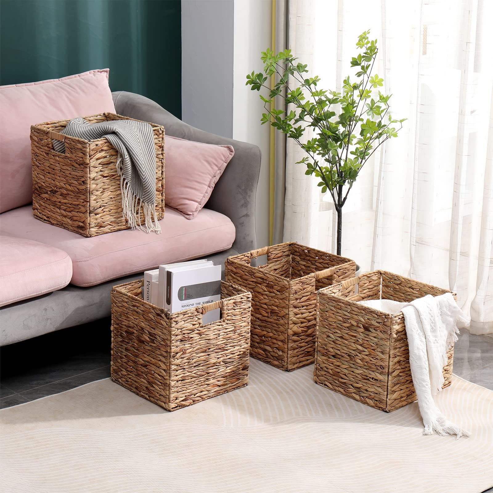 12x12in Water Hyacinth Storage Baskets 4 Pcs Foldable Handwoven Cubes ...