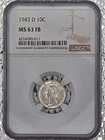 1943‑D Mercury Dime • NGC MS63 FB • Full Bands • 90% Silver • Winged Liberty 10