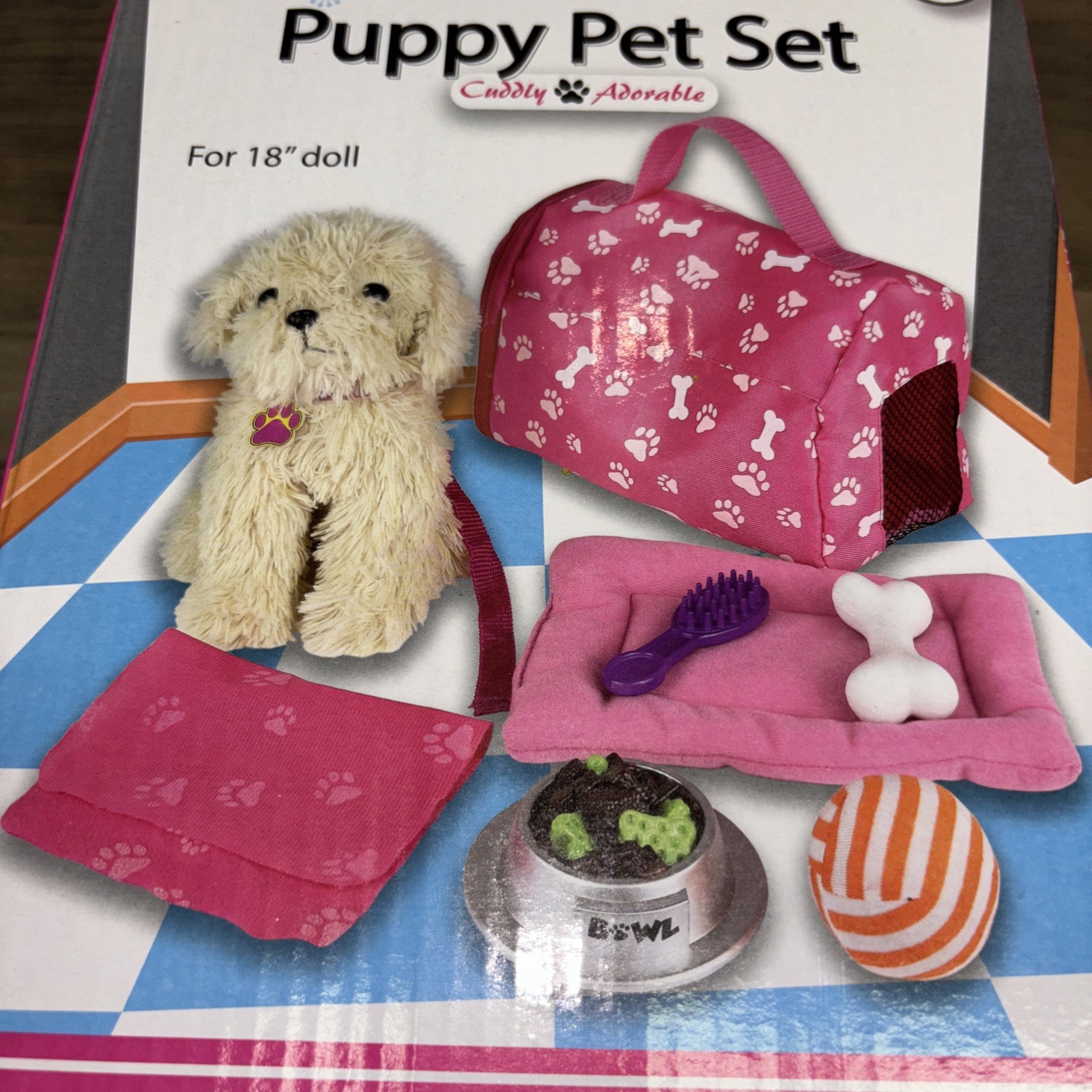 Click N' Play 9 Piece Doll Puppy Set and Accessories for 18" Dolls Cute New
