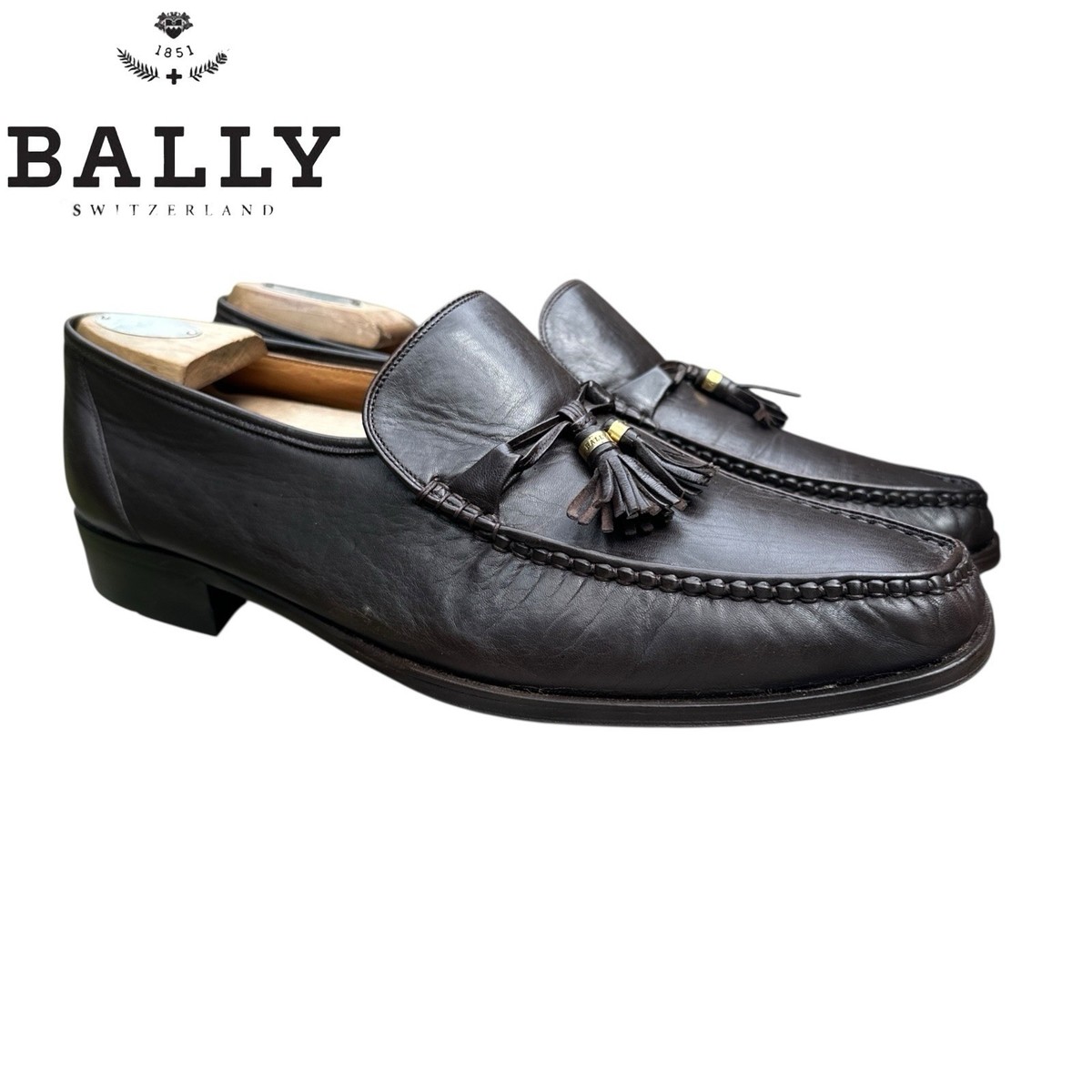 Bally Switzerland Leather Moc Toe Logo Tassel Loafers Brown 