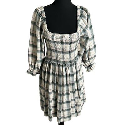 Madewell Lucie Elbow-Sleeve Smocked Mini Dress Medium Womens Lebaum Plaid  ND174