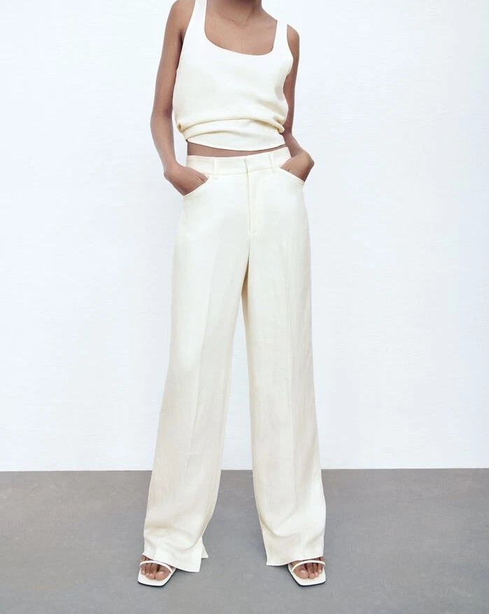 LINEN BLEND FULL LENGTH PANTS Oyster White ZARA United, 55 OFF