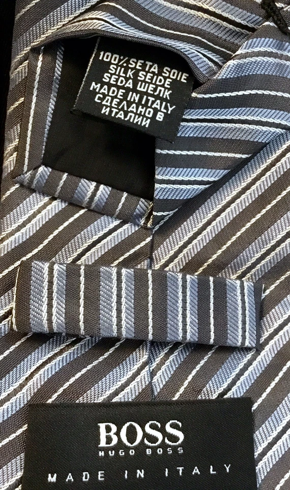 Corbata BOSS Hugo Boss 23/4” Azul Negro Plata Rayas 100% Seda Italia Excl’t Estado Foto 3 de 4