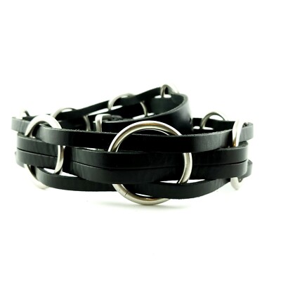 Ralph Lauren Black Leather Belt Silver O Rings Braided Woven 